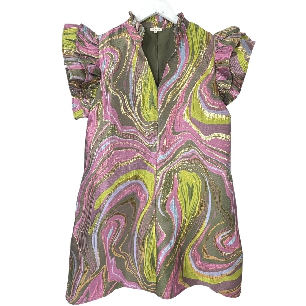 JODIFL Ruffle Cap Sleeve Mini Dress Marble Metallic V-Neck Party Shift Womens M